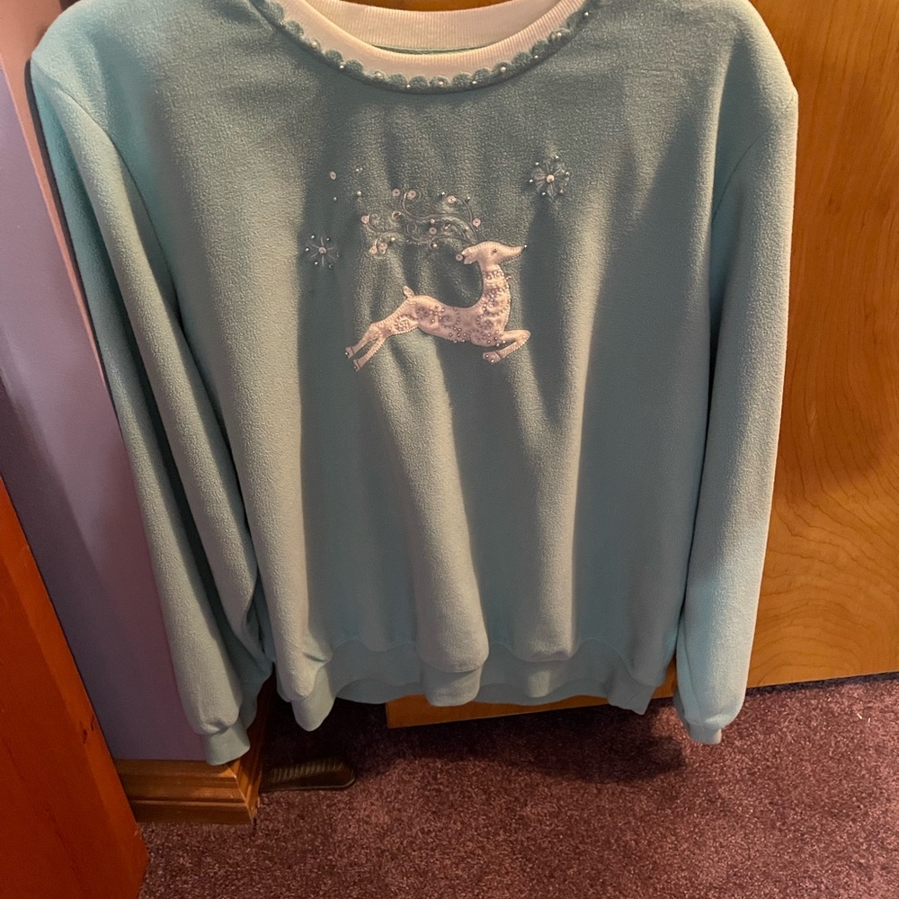 Beautiful Alfred Dunner  Mint green 
 Reindeer Embroidered Sweatshirt Size Large - Picture 2 of 4